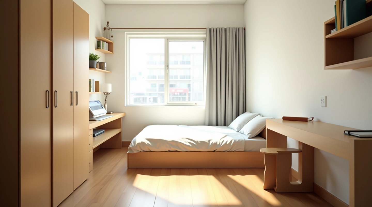 Habitación limpia y ordenada con cama individual, escritorio y ventana grande con luz natural