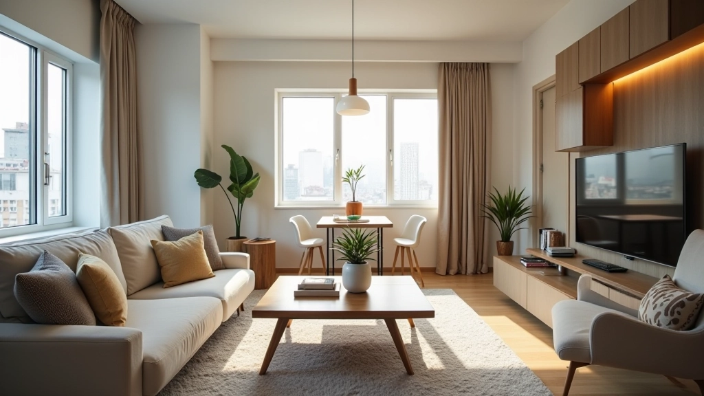 Interior moderno de departamento compartido para estudiantes con sala de estar luminosa, sofá cómodo y decoración contemporánea