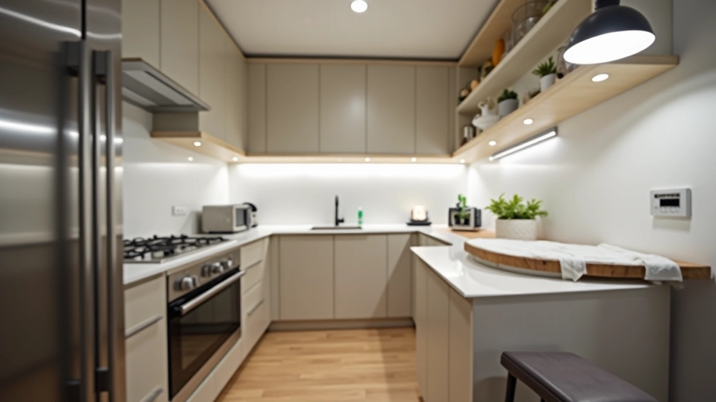 Cocina compartida moderna con electrodomésticos nuevos, muebles funcionales y espacio amplio para varios residentes