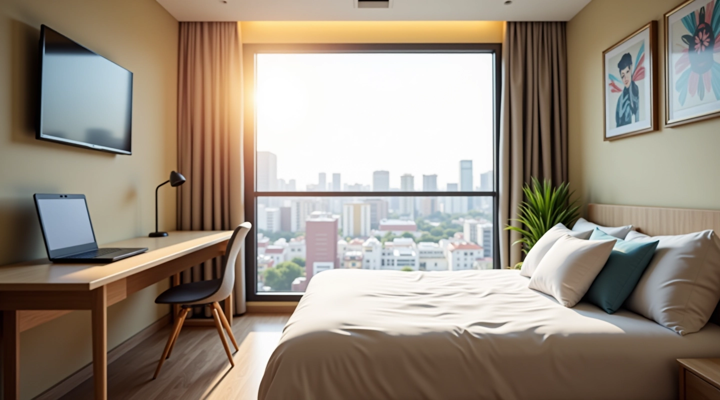 Habitación moderna para estudiantes con cama, escritorio y ventana con vista a la ciudad de Lima